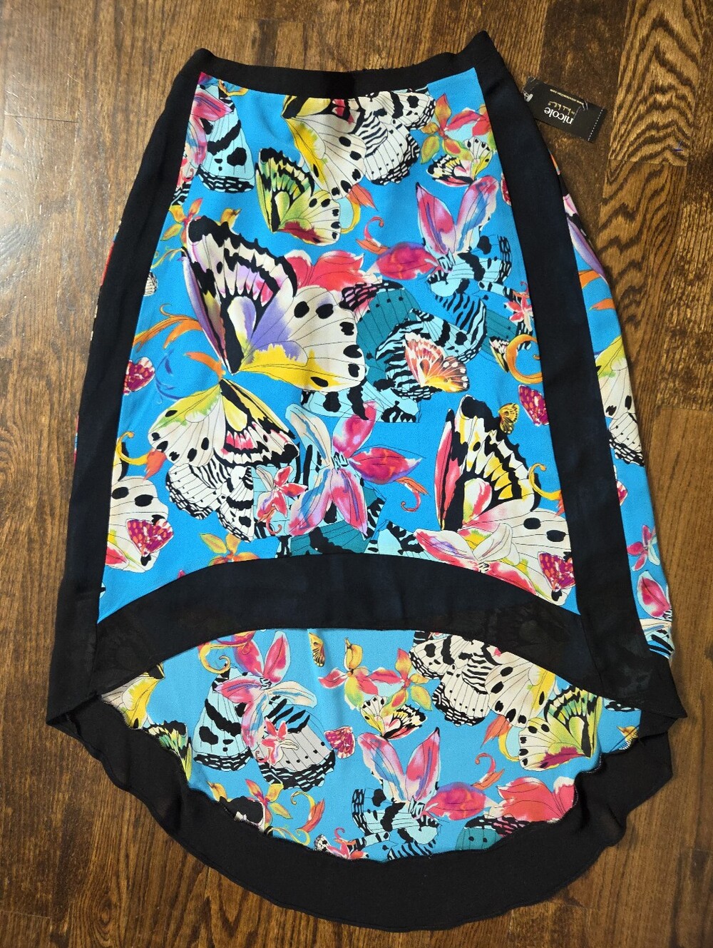Nicole Miller Blue Butterfly Print High-Low Skirt with Black Trim